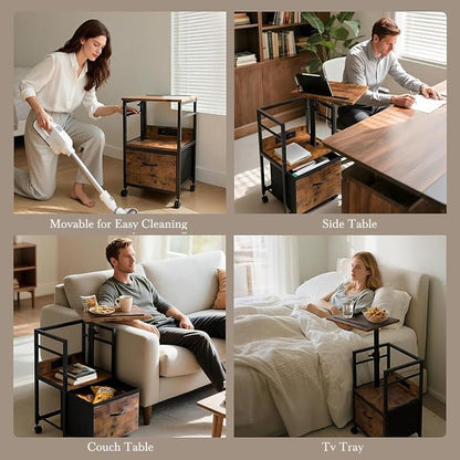 Faesun Swivel Lift Top Nightstand with Charging Station, Rolling Side Table for Recliner, Bedside Table with Wheels & a Fabric Drawer, for Small Spaces, for Bedroom, Living Room, Brown