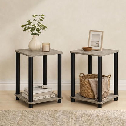 Furinno Turn-N-Tube Toolless Assembly Side Table Set of 2, Stackable 2-Tier Grey End Table with Open Shelf, Night Stand, Bedside Table, for Living Room, Bedroom, Grey Oak