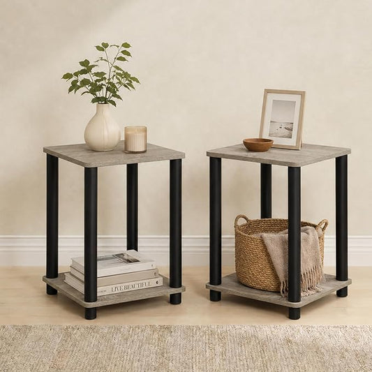 Furinno Turn-N-Tube Toolless Assembly Side Table Set of 2, Stackable 2-Tier Grey End Table with Open Shelf, Night Stand, Bedside Table, for Living Room, Bedroom, Grey Oak