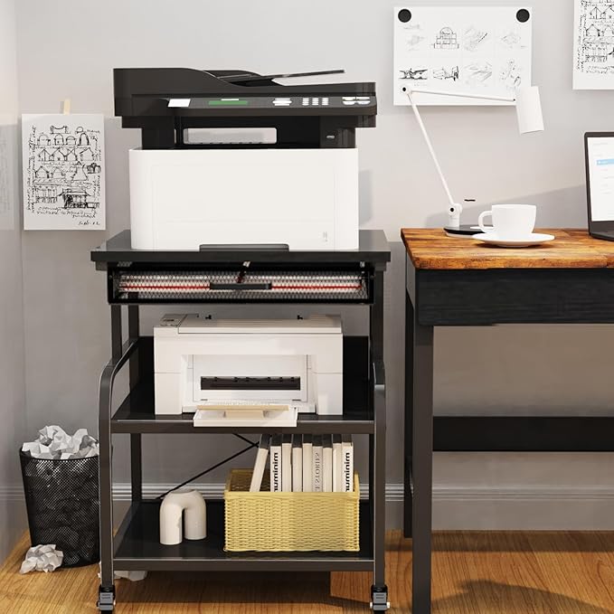 TFK 3-Tier Printer Stand with Drawer, Adjustable Shelf, Rolling Casters, 23.6 x 18.9 x 30 Inch Heavy Duty Printer Cart for Home Office, Large Printers, 3D Printers, Fax & Heat Press, Black