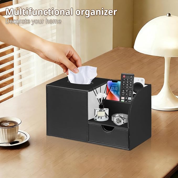 PUSU Square Tissue Box Cover with Storage Drawer, PU Leather Facial Tissues Cube Boxes Holder, Modern Makeup Remote Control Holder, Nightstand Organizer Caddy for Bathroom Vanity, Office, Home Decor