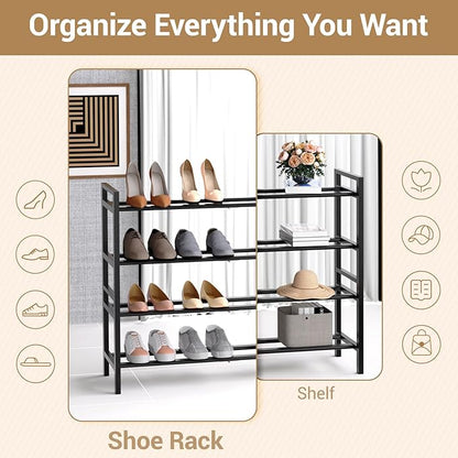 Haddockway Bamboo Shoe Rack for Closet, Free Standing Shoe Organizer with Smooth Round Rods & Convenient Handles, Stackable Shoe Storage Shelf for Entryway, Hallway(Black, 4-Tier)