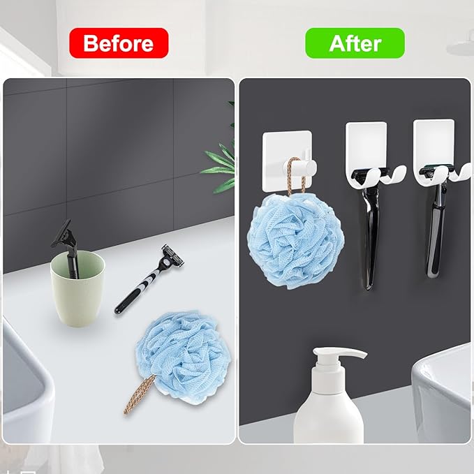 CGBE Razor Holder for Shower, 4 Packs Shaver Holder and 4 Packs Shower Hooks, Self Adhesive Damage Free Wall Hooks for Bathroom - White