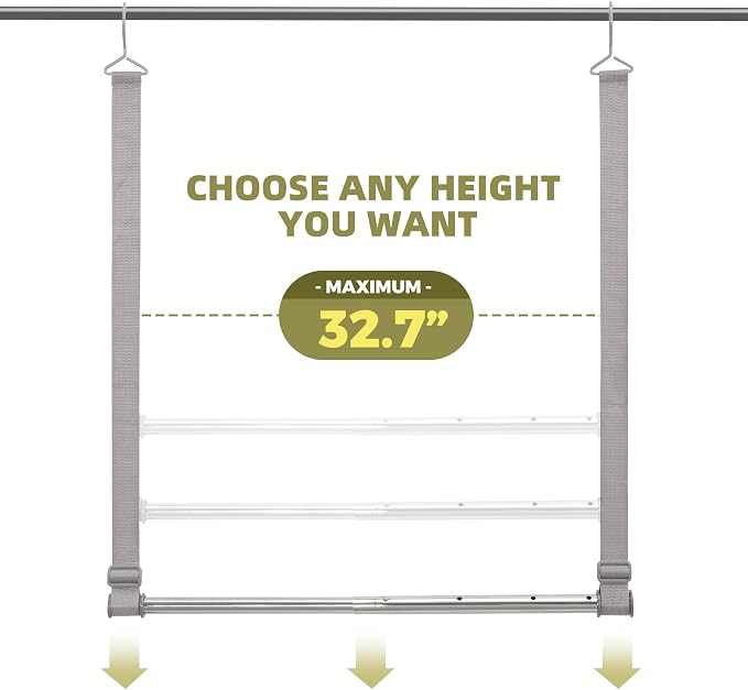 Hanging Closet Rod, 17-28In Width and Up to 32In Height Closet Extender, Double Hanging Bar with Powder-Coated Metal Pole and Adjustable Webbing, Space-Saving Tension Organizer, 2 Pack