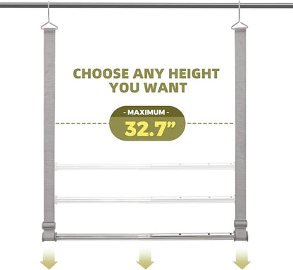 Hanging Closet Rod, 17-28In Width and Up to 32In Height Closet Extender, Double Hanging Bar with Powder-Coated Metal Pole and Adjustable Webbing, Space-Saving Tension Organizer, 2 Pack