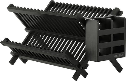 HBlife Dish Rack, Bamboo Folding 2-Tier Collapsible Drainer Dish Drying Rack with Utensils Flatware Holder Set (Dish Rack with Utensil Holder)