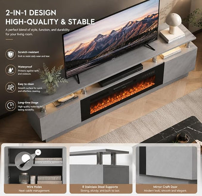 70" TV Stand for Living Room, Entertainment Center with Storage Cabinet, Fits TVs up to 80", Modern Media Console with Shelves, 36" Electric Fireplace (Grey+Black)