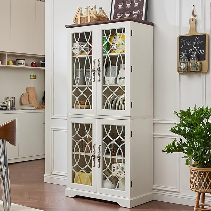 67" Tall Pantry Cabinet Set of 3, Vintage Kitchen Pantries Cabinets with Glass Doors & Adjustable Shelves, Wood Cupboard with Large Storage for Dingning Room, Bathroom, Antique White