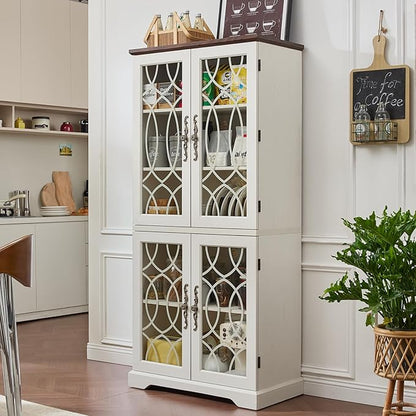 67" Tall Pantry Cabinet Set of 3, Vintage Kitchen Pantries Cabinets with Glass Doors & Adjustable Shelves, Wood Cupboard with Large Storage for Dingning Room, Bathroom, Antique White