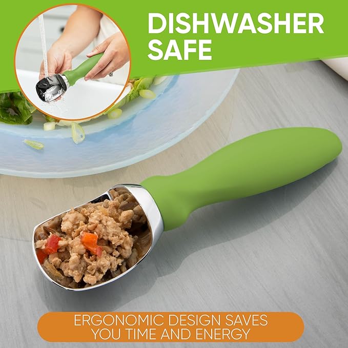 Spring Chef Green Heavy Duty Ice Cream Scoop with Non-Slip Handle - Professional Metal Ice Cream Scooper for Cookie Dough, Frozen Yogurt, Gelato, Sorbet, Melon - Dishwasher Safe Kitchen Tool