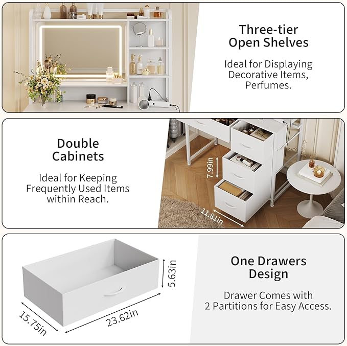 35.4" Vanity Desk with Square Mirror for Bedroom, Makeup Table with 4 Fabric Drawers & Storage Shelves, Modern Dressing Desk for Women Girls