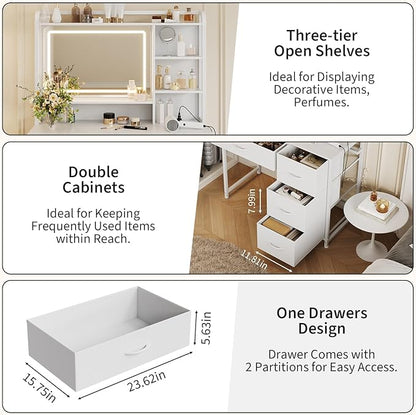35.4" Vanity Desk with Square Mirror for Bedroom, Makeup Table with 4 Fabric Drawers & Storage Shelves, Modern Dressing Desk for Women Girls