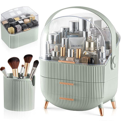 CANITORON Makeup Organizer,Skincare Organizer with 2 Drawers and Brush Storage Box,Lipstick Holder,Cosmetic Display Case for Vanity Organizer and Bathroom Countertop Storage.(Sage Green)