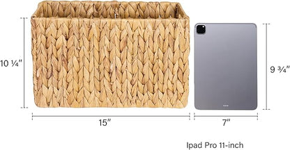 StorageWorks Hand-Woven Magazine Holder, Magazine Wicker Basket for Bathroom, Office, Rattan Magazine Holder, Natural Water Hyacinth, 1 Pack