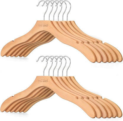 TOPIA HANGER Wooden Coat Hangers 12 Pack, Premium Wood Top Suit Hangers with No Shoulder Bump, 360° Swivel Hook and Cut Notches Clothes Hangers for Sweater, Coat, Shirts, Jackets, Dress, Natural CT84N