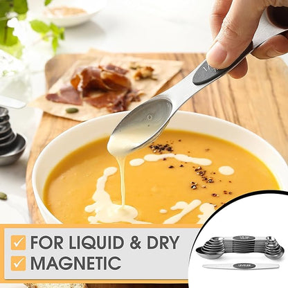 Spring Chef Stainless Steel Magnetic Measuring Spoons Set of 8 with Leveler, Dual Sided Metal Teaspoon & Tablespoon Measuring Spoons - Kitchen Gadgets For Baking and Cooking, Gray