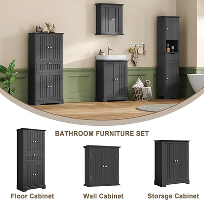 ChooChoo 51" H Tall Bathroom Floor Cabinet, Modern Bathroom Storage Cabinet with Drawer and Adjustable Shelves, Freestanding Kitchen Pantry Cupboard with 4 Doors for Living Room, Black