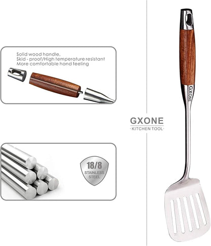 GXONE Metal Spatula,304 Stainless Steel Wok Spatula with Heat Resistant Wooden Handle,Silver/15.7Inch