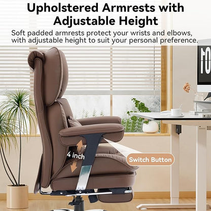 Efomao Big and Tall Office Chair 400lbs, Ergonomic High Back Executive Office Chair with Footrest, Wide Computer Desk Chair for Home Office, Comfortable PU Leather Heavy Duty Chair，Brown
