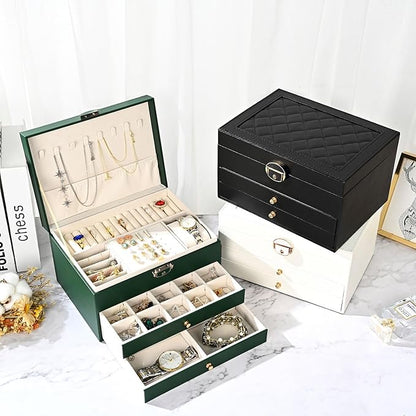 GUOER Jewelry Box for Women Girl Wife 3 Layers Large PU Leather Jewelry Organizer Storage Case with Two Layers Display for Earrings Bracelets Rings Watches (Green)