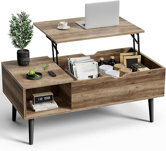 OLIXIS Wooden Coffee Table, Lift Top Coffee Stand with Large Hidden Compartment and Ample Storage Shelf, Lift Tabletop Dining Table for Living Room, Home Small Space, Grey