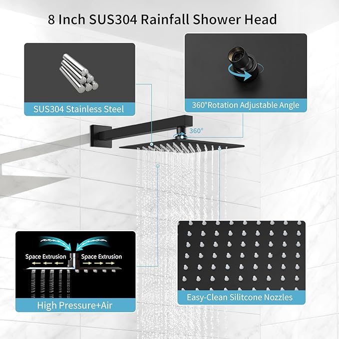 Shower Faucet Set Rainfall Shower System with Square Showerhead and Handle Set Fixture with 2 in 1 Function Handheld Sprayer Wall Mounted Trim Repair Kit Rough-in Valve 8 Inch Matte Black