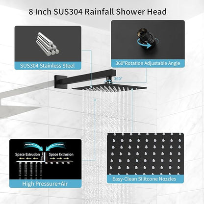 Shower Faucet Set Rainfall Shower System with Square Showerhead and Handle Set Fixture with 2 in 1 Function Handheld Sprayer Wall Mounted Trim Repair Kit Rough-in Valve 8 Inch Matte Black