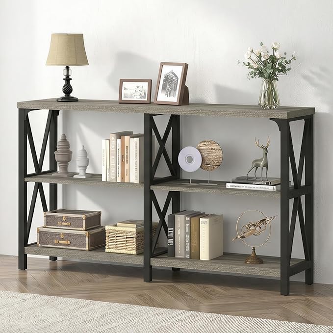 IBF Long Entryway Console Table, Industrial Metal Wood Entry Table with Storage Shelves, Modern Rustic 3 Tier Sofa Table for Entry Way Hallway Behind Couch Living Room Bedroom, Light Grey Oak, 63 Inch