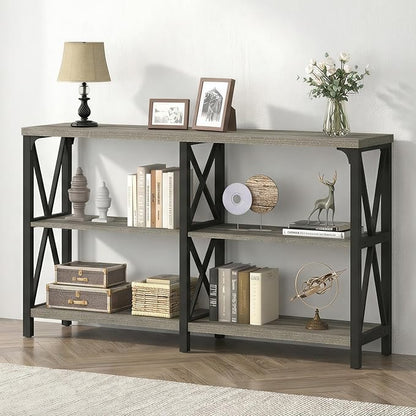 IBF Long Entryway Console Table, Industrial Metal Wood Entry Table with Storage Shelves, Modern Rustic 3 Tier Sofa Table for Entry Way Hallway Behind Couch Living Room Bedroom, Light Grey Oak, 63 Inch