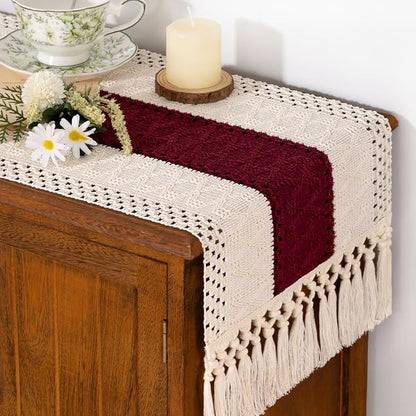 Socomi Boho Table Runner Macrame Valentine's Day Farmhouse Woven Cotton Linen Rustic Coffee Table Runner with Tassels for Dresser Scarf Home Decor Dining Room 12x90 in Burgundy Ivory