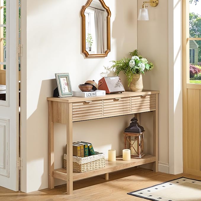LEYAOYAO Fluted 47.2" Console Table with 3 Drawers, Modern Wood 2 Tier Entryway Table with Open Storage Shelf, Boho Sofa Entry Tables Behind Couch for Living Room, Hallway, Entrance Foyer, Natural Oak