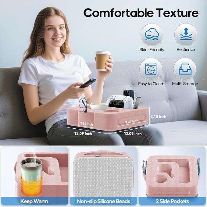 Couch Cup Holder Pillow, Sofa and Bed Caddy for iPad, Kindle, Switch, Game Controller, Remotes, Phones, Small-Sized Cup & Drink Holder for Couch, Bed, Desk, Car, Beach, Bathroom Cup Holder, Pink
