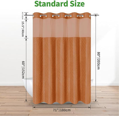no Hook Shower Curtain and Liner Set，Boho Style with See Through Top Window, BurntOrange Fabric Tufted Striped Textured Outer Curtain & Waterproof Inner Liner, Orange, 71Wx80H
