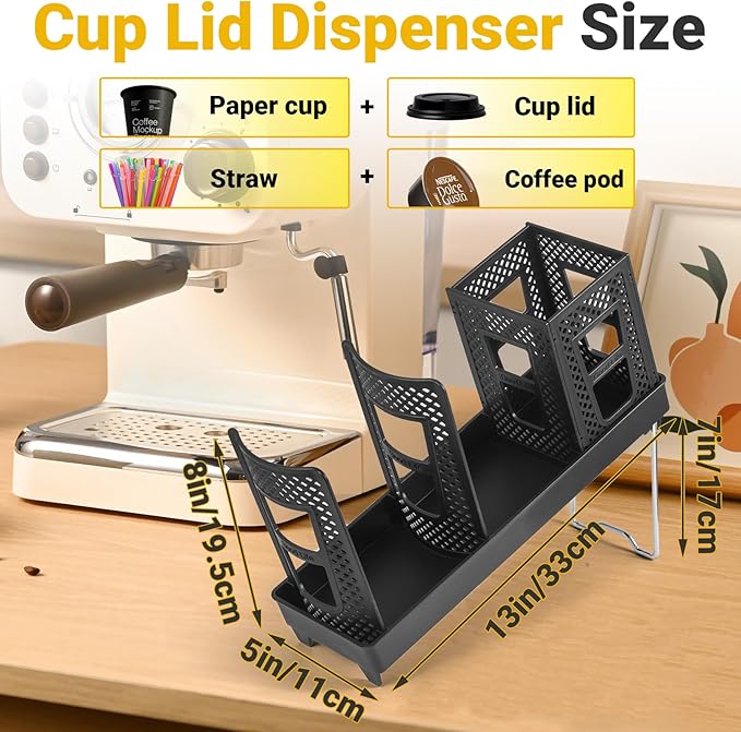 Cup and Lid Holder, Disposable Paper Cup Dispenser with Coffee Pod Straw Storage Basket, Countertop Coffee Cup Holder for Coffee Stations, Bars, Break Rooms, Living Rooms, Parties (Black)