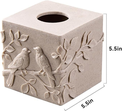 Beige Sandstone Relief Birds Square Tissue Box Cover Decorative,Resin Heavy Sturdy Tissue Box Holder, Facial Paper Holder for Bathroom Vanity Countertop, Bedroom Night Stand,Office and End Table
