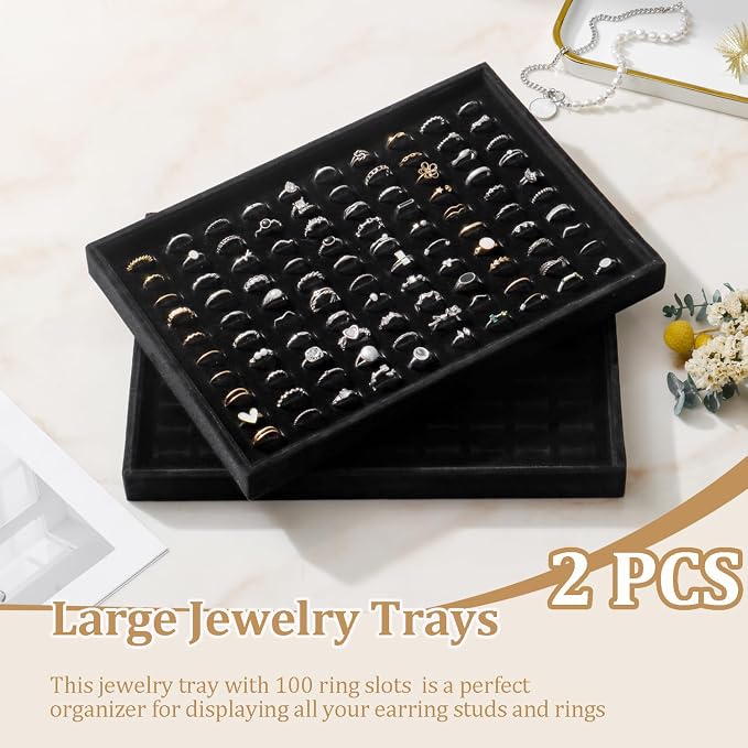 Large Velvet Jewelry Tray 2 Pack Stackable Jewelry Display Drawer Inserts Trays Organizer for Earring Bracelet Necklace Ring (Black, Ring 81 Slots)