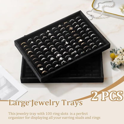 Large Velvet Jewelry Tray 2 Pack Stackable Jewelry Display Drawer Inserts Trays Organizer for Earring Bracelet Necklace Ring (Black, Ring 81 Slots)