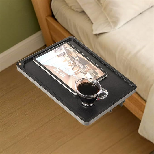 Foldable Bedside Shelf - Bamboo Bedside Shelf with Storage Bag Metal Clip-On Bed Tray Table for Bunk Bed & Dorm Beds, Space Saving Nightstand for Loft Beds