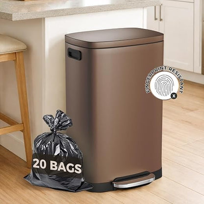 ELPHECO LPHECO Kitchen Trash Can with Lid Soft Close, 13 Gallon / 50L Stainless Steel Pedal Garbage Can, Heavy-Duty Step Wastebasket with 20 Bags, Removable Bucket, Home Office, Kitchen, Brown