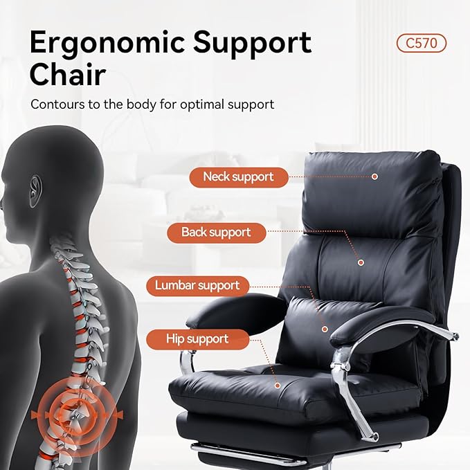 LEAGOO Office Chair with Foot Rest, Executive Reclining Office Chairs with Arms, Ergonomic High Back PU Leather Comfy Swivel Computer Desk Chairs with Wheels and Lumbar Support for Home Office, Black