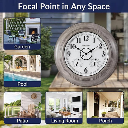 Andy Star 21 Inch Large Luminous Outdoor Wall Clock and Temperature for Patio, Pool, Oversized Round Wall Clocks Waterproof, Vintage Brushed Gray Oak Wooden Finish Silent Non Ticking