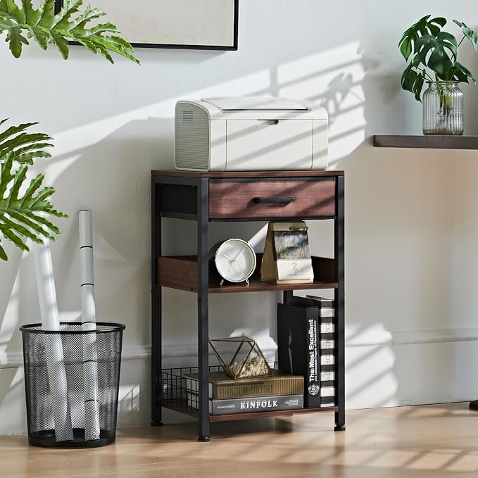 Lerliuo Walnut Printer Stand with Fabric Drawer, 3 Tier Industrial Side Table, Modern Small Printer Desk Holder with Storage Shelf,Multi-Functional Bedside Tables for Home Office Fax Machine Scanner