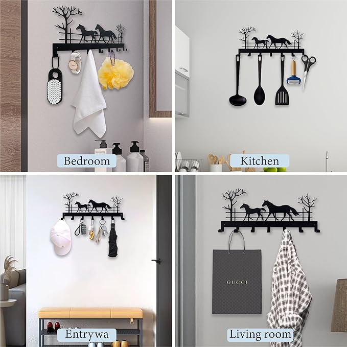 Metal Horse Key Holder for Wall,Metal Key Organizer Wall Decorative with 7 Hooks,Black Wall Mount Key Holder for Entryway,Front Door,Hallway,Office