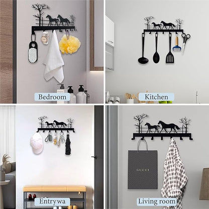 Metal Horse Key Holder for Wall,Metal Key Organizer Wall Decorative with 7 Hooks,Black Wall Mount Key Holder for Entryway,Front Door,Hallway,Office