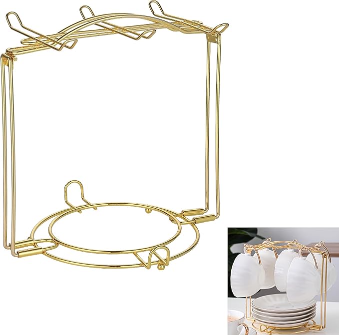 Gold Metal Cup and Saucer Display Stand Tea and Coffee Cup Holder for Countertop, Coffee Station Organizer for Home or Bar Decor