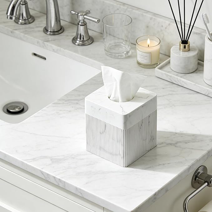 White Tissue Box Cover Square Resin Tissue Holder for Home Decor, Hand Poured Marble Ribbed Cube Tissue Box Holder – 5.5 Inch Heavy Duty Luxury Tissue Box Case for Bathroom, Living Room, Office