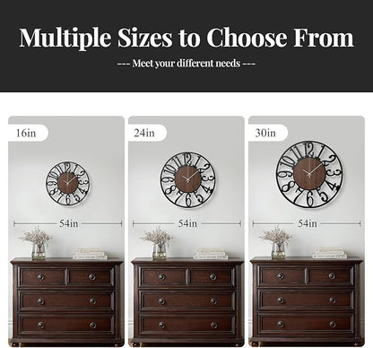 Cuspin Large Wall Clock 24 Inch for Living Room Decor, Silent Non Ticking Battery Operated Black Round Metal and Wood Wall Clock, Modern Farmhouse Rustic Big Clock with Arabic Numerals