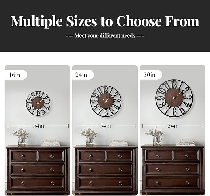 Modern Wall Clock Battery Operated, 16 inch Round Big Wood Decorative Metal Wall Clocks for Living Room, Non Ticking Silent Black Clock, Bedroom, Kitchen, Office Decor-Arabic Numerals