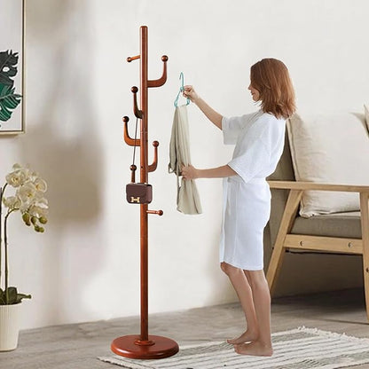 Solid Wooden Coat Rack Stand, Coat Racks Freestanding with 7 Hooks, Natural Birch Wood Coat stands with Sturdy Round Base, Tree Coat Hanger Standing for Entryway Bedroom Office (Cactus Design)
