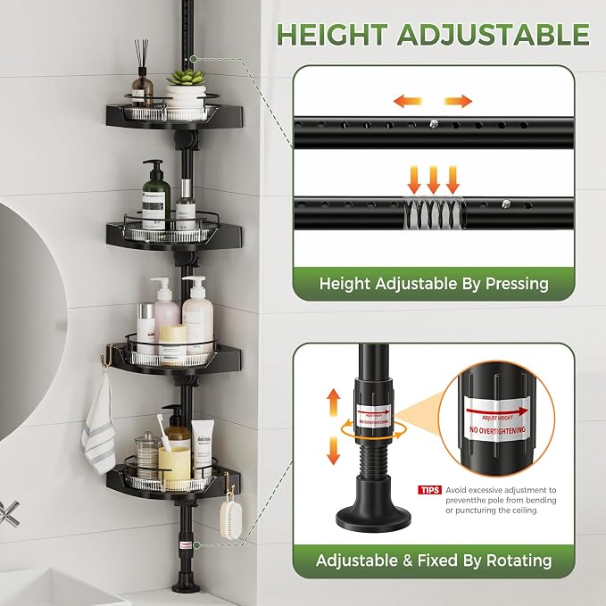 360° Rotating Shower Caddy Tension Pole, 4-Tier Corner Shower Organizer with Adjustable Shelves & Hooks, Rustproof Metal Pole, No Drilling Bathroom Storage Rack for Bathtub, 34-124”(Black)